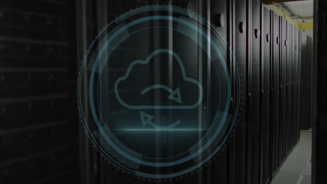 animación de la ciberseguridad y el icono de la nube en círculo sobre los sistemas de servidores de datos