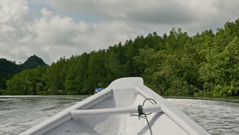 Barcos-Turísticos-Que-Viajan-A-Lo-Largo-De-Un-Río-Del-Parque-Geoforestal-Kilim-En-Lankawi,-Malasia