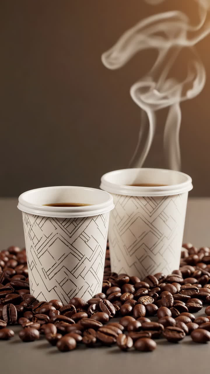 Tazze di caffè fumante con chicchi tostati