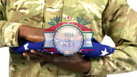 animation of independence day text over soldier holding american flag