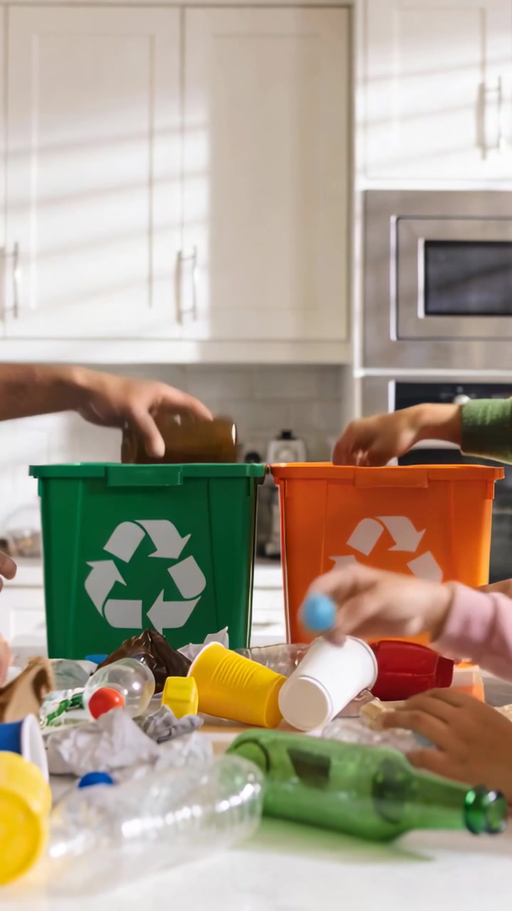 Vertical video: Hands reaching pile, family sorting recycling in kitchen into green and orange bins