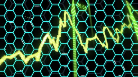 financial graph and data analysis animation over hexagonal grid background