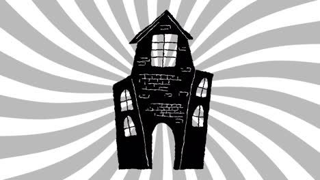 animation of halloween haunted house over moving white and grey background