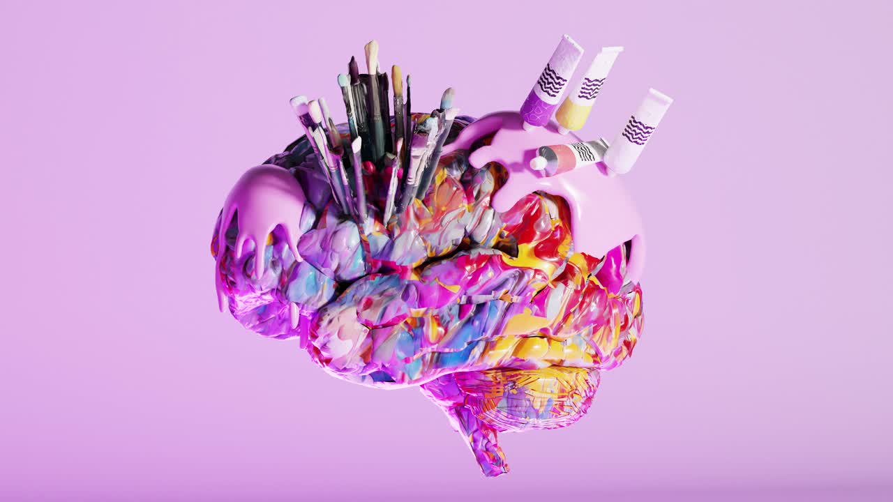 3D animation of multicolored brain with paint and brushes
