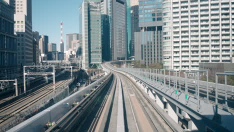 Blick-Vom-Dynamischen-Zug-Auf-Eisenbahn--Und-Hochhäuser