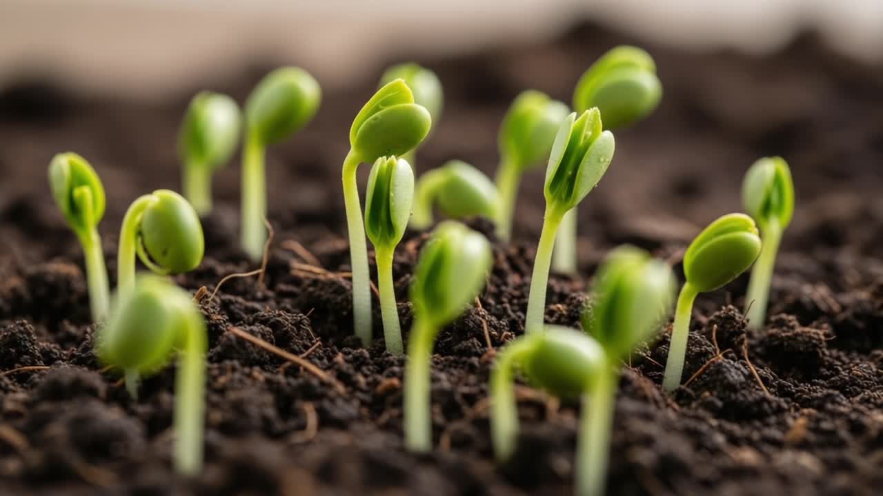 Sprouting Seeds Emerging from Rich Soil: A Beautiful Display of Nature's Growth and Renewal with Tiny Green Shoots Reaching for the Sunlight
