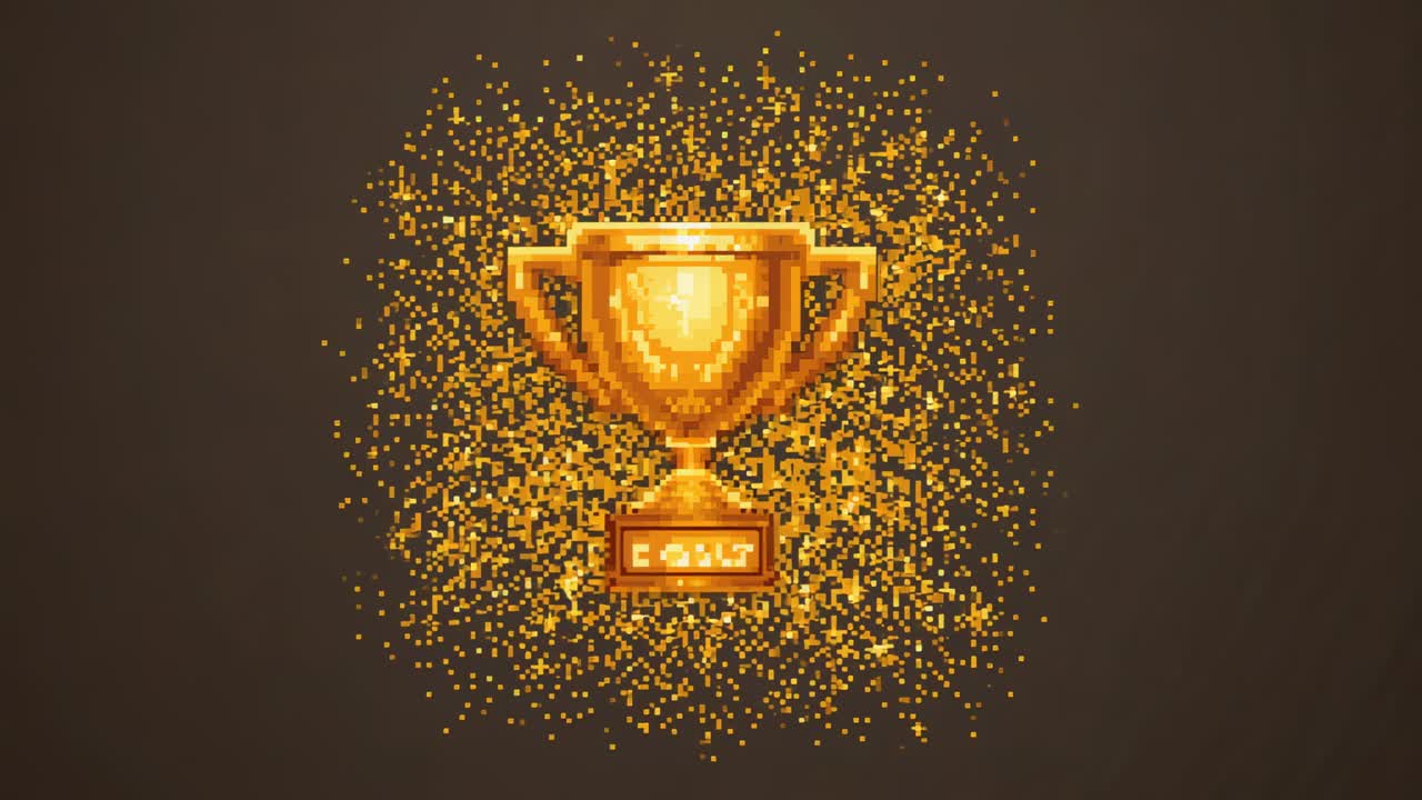 Halo widening, gold pixels clustering around pixel-art trophy on brown backdrop, revealing victory