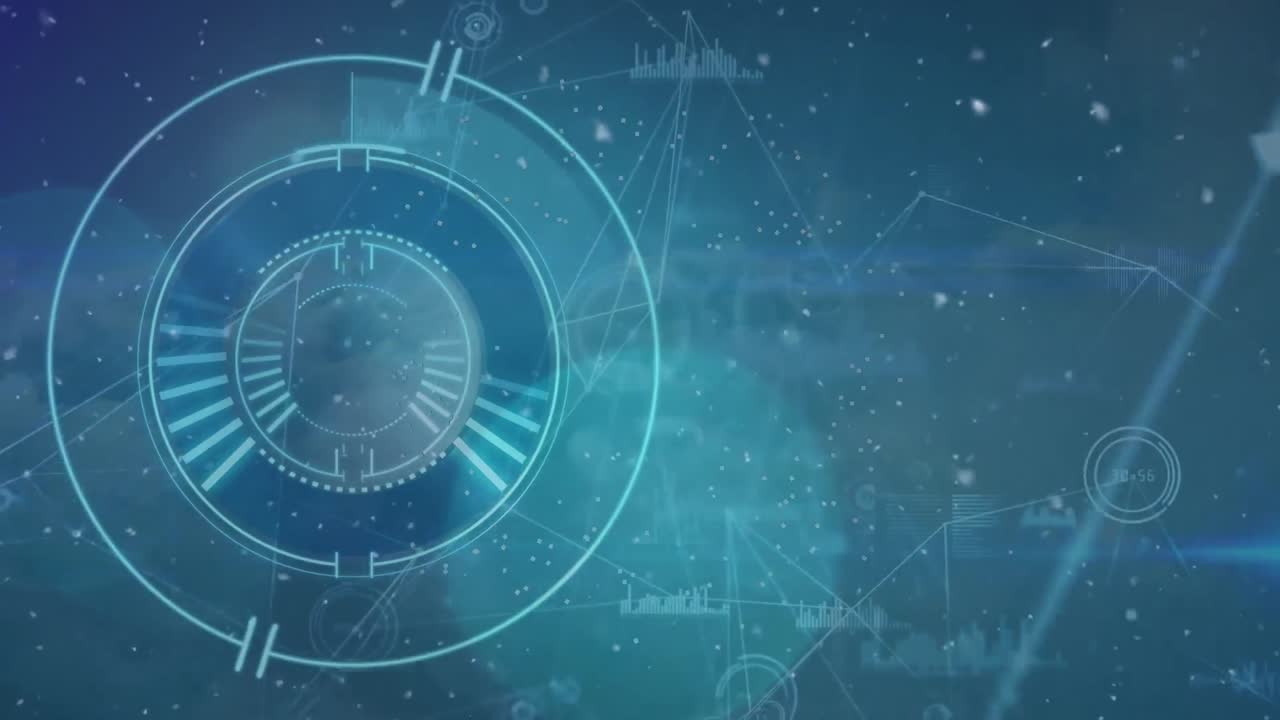 Animation of scope scanning and network of connections with data processing over sky with clouds