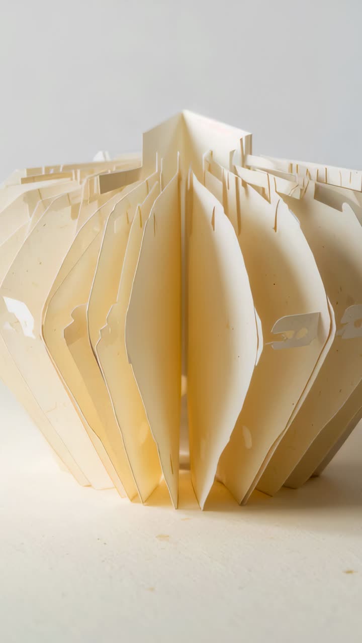 Vertical video: Rising camera revealing cream paper sculpture on tabletop to show top peak details