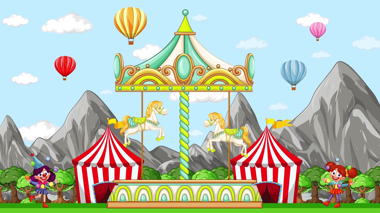 Colorful 2D animation of a fairground with a rotating carousel and floating balloons