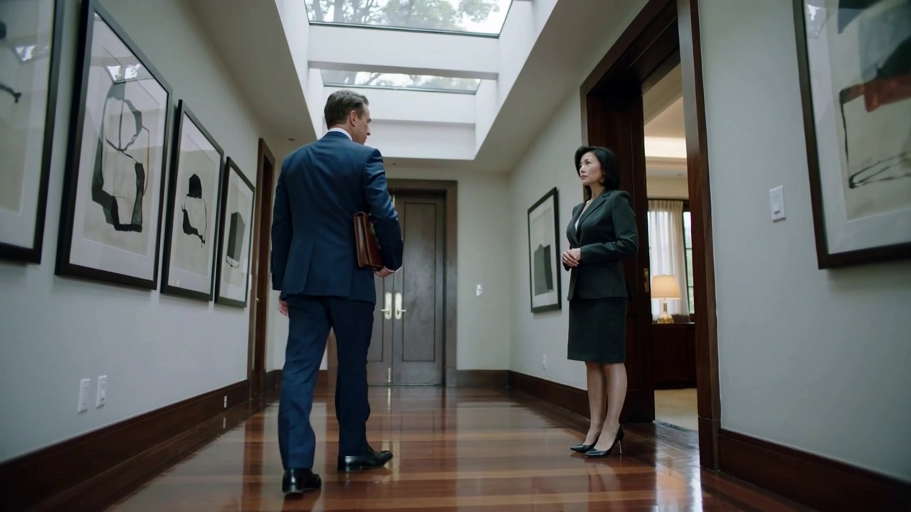 Walking man in navy suit with briefcase, turning and stopping in office corridor, delivering files