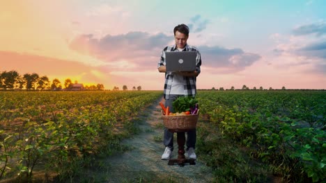 cuerpo lleno de granjero masculino asiático con canasta de verduras sonriendo mientras usa computadora portátil en el campo