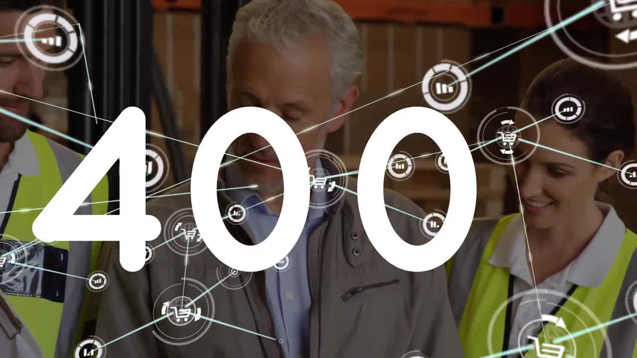 숫자가 변하는 애니메이션, 창고에서 일하는 다양한 사람들 사이의 연결 네트워크