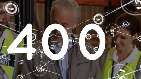animación de números cambiantes, red de conexiones sobre diversas personas que trabajan en el almacén.