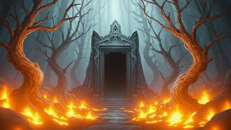 a mysterious ancient temple surrounded by gloomy trees and fiery flames, evoking an atmosphere of adventure and intrigue in a dark forest setting