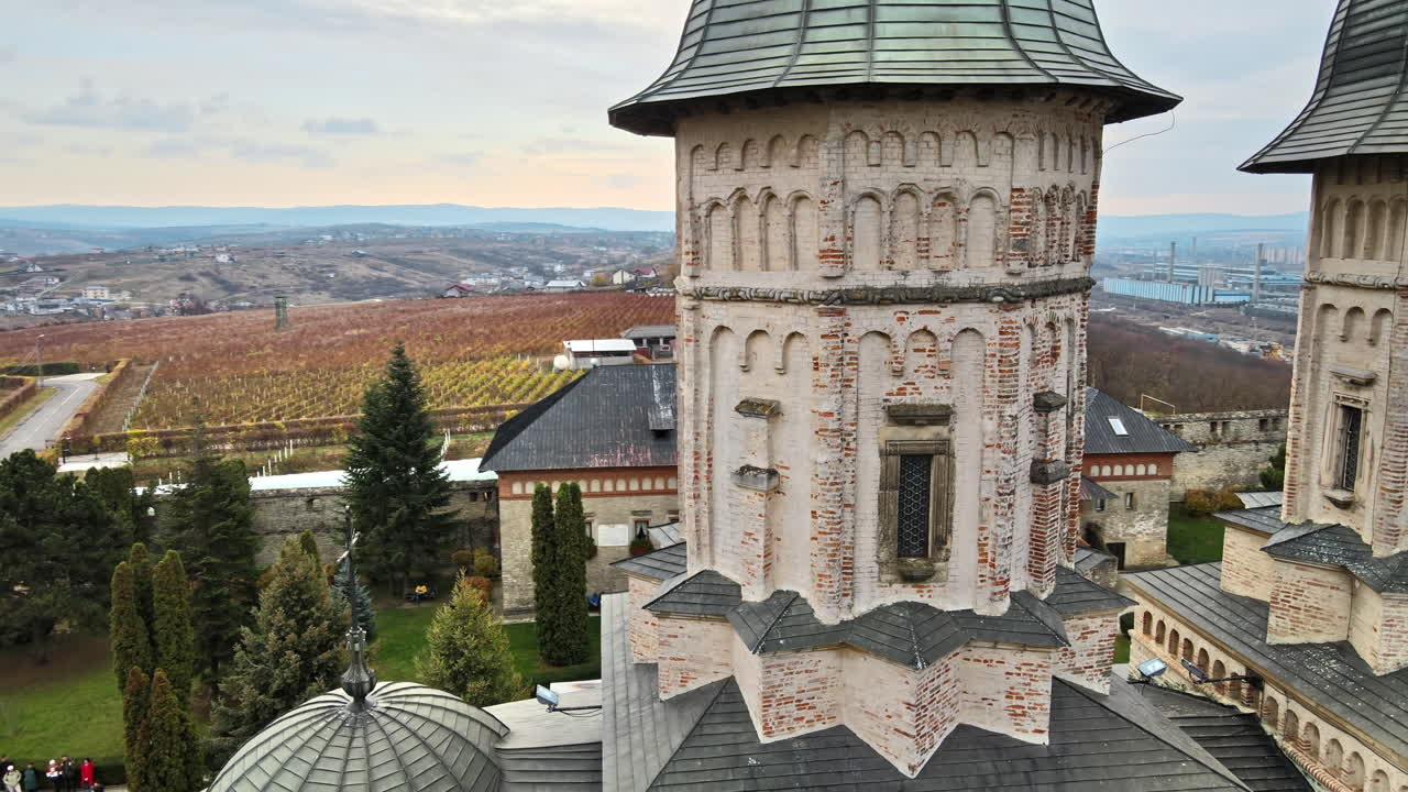 Aerial drone view of the Cetatuia Monastery in Iasi, Romania. Main church, inner court and buildings