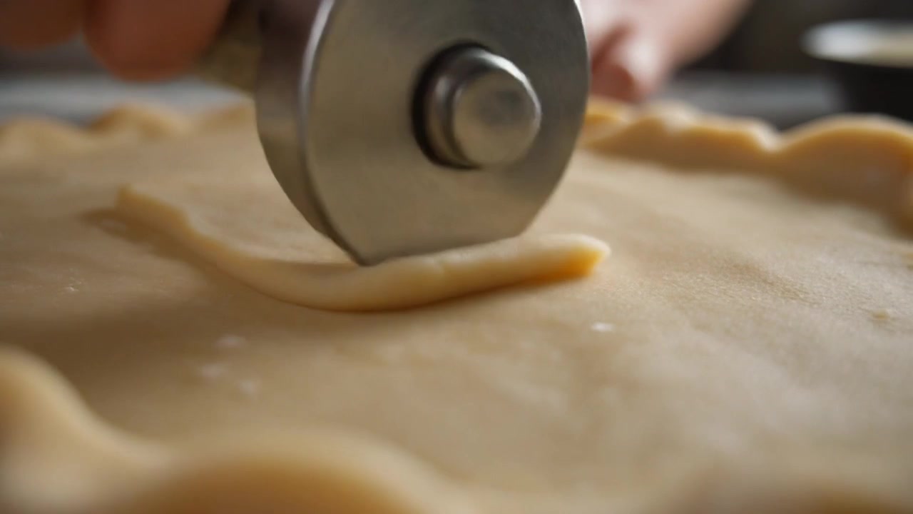 Panettiere che usa una rotella tagliapasta per rifilare il bordo della crosta della torta