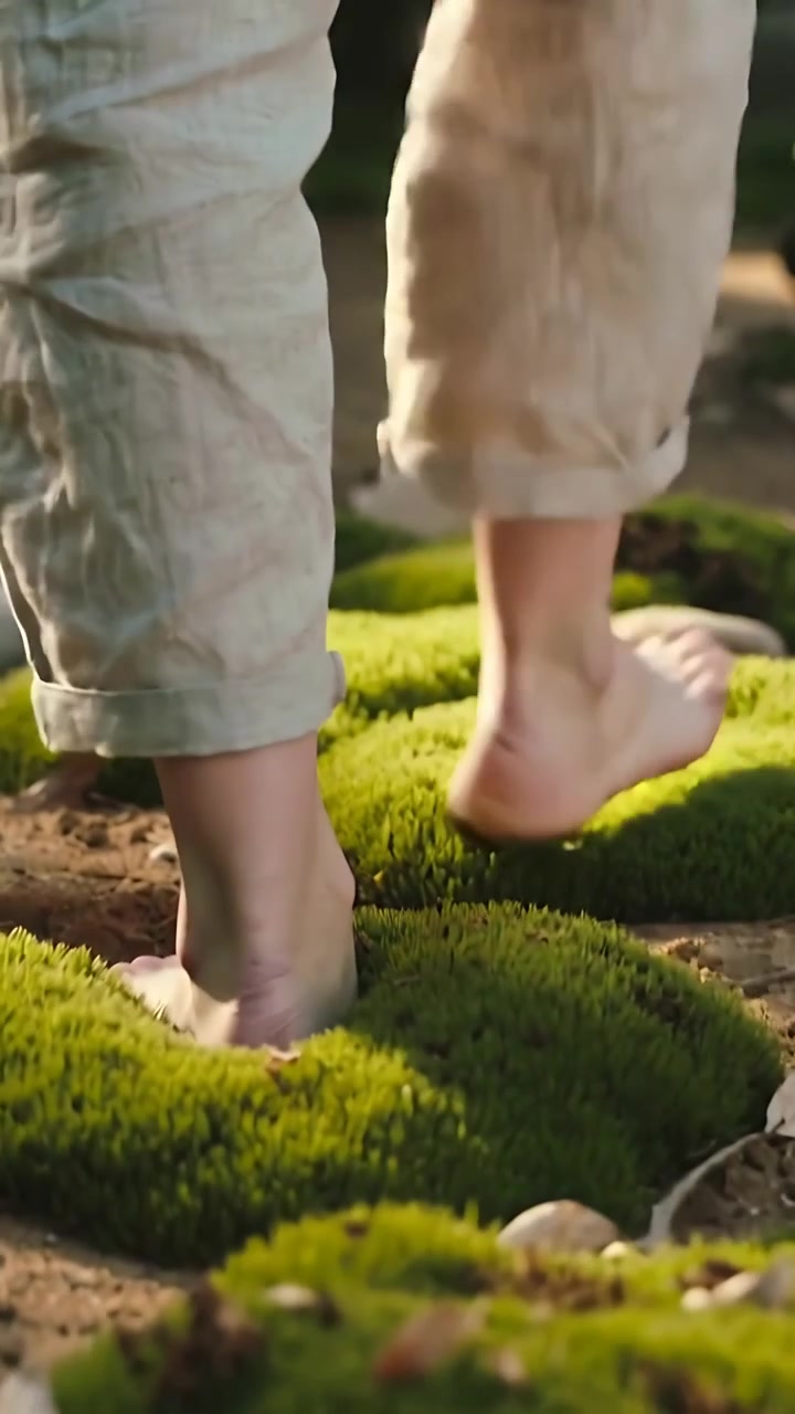 Vertical video: Walking adult lifting back foot, stepping barefoot across moss in garden, cuffs