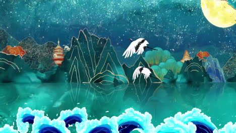 serene night landscape with cranes and temples