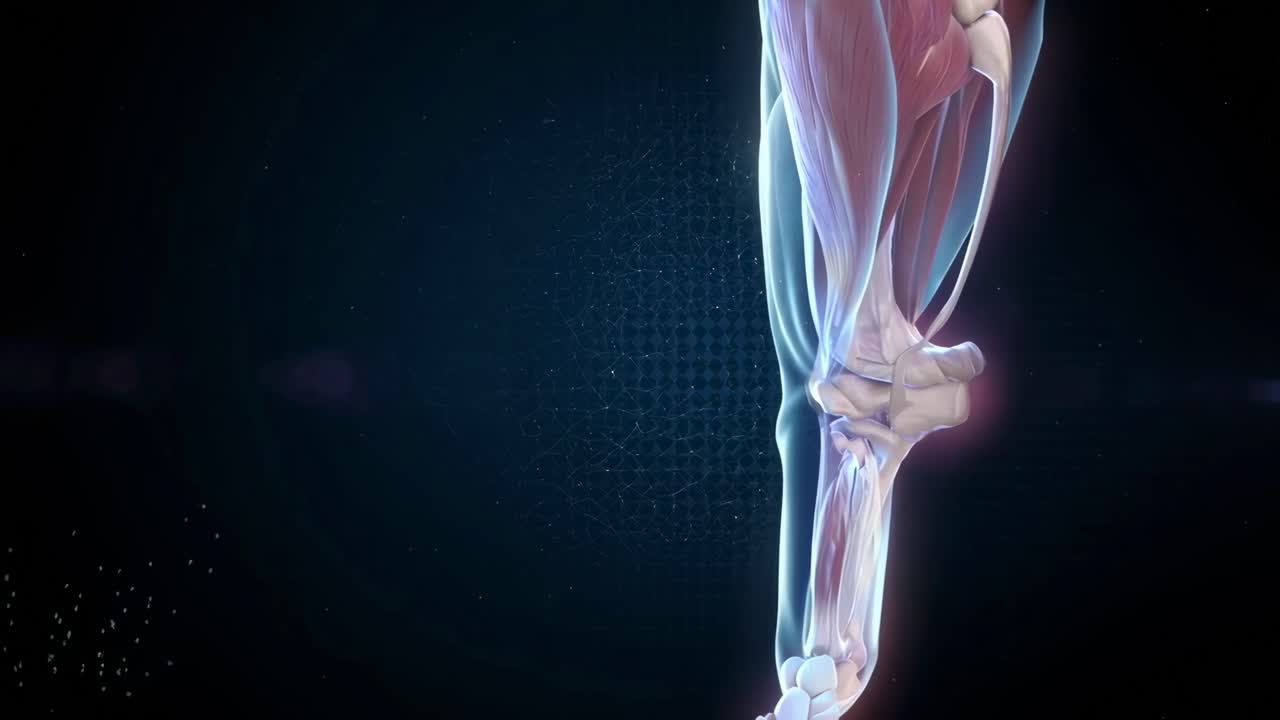 Vídeo 3D de uma articulação do joelho, vista em ângulo lateral, mostrando músculos e ossos em detalhe.