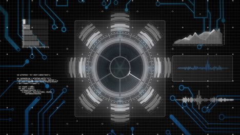 futuristic data processing animation over digital interface with charts and graphs