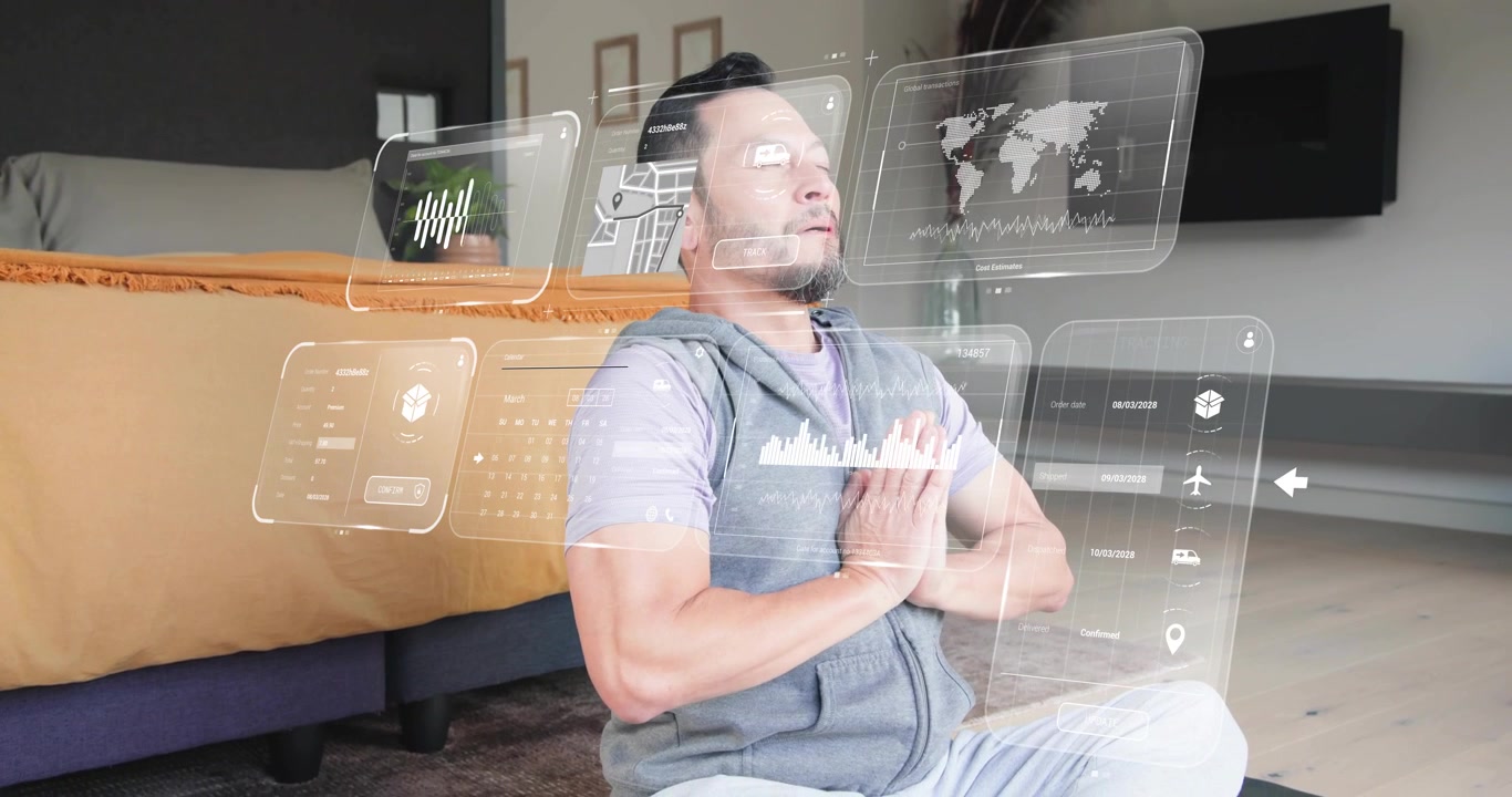Man closing eyes, initiating health breathing on yoga mat with digital waveform panel tracking data