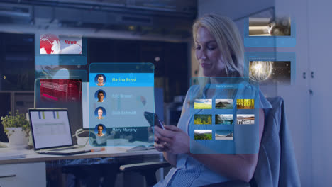 animation of social media posts and people profiles over caucasian businesswoman using smartphone