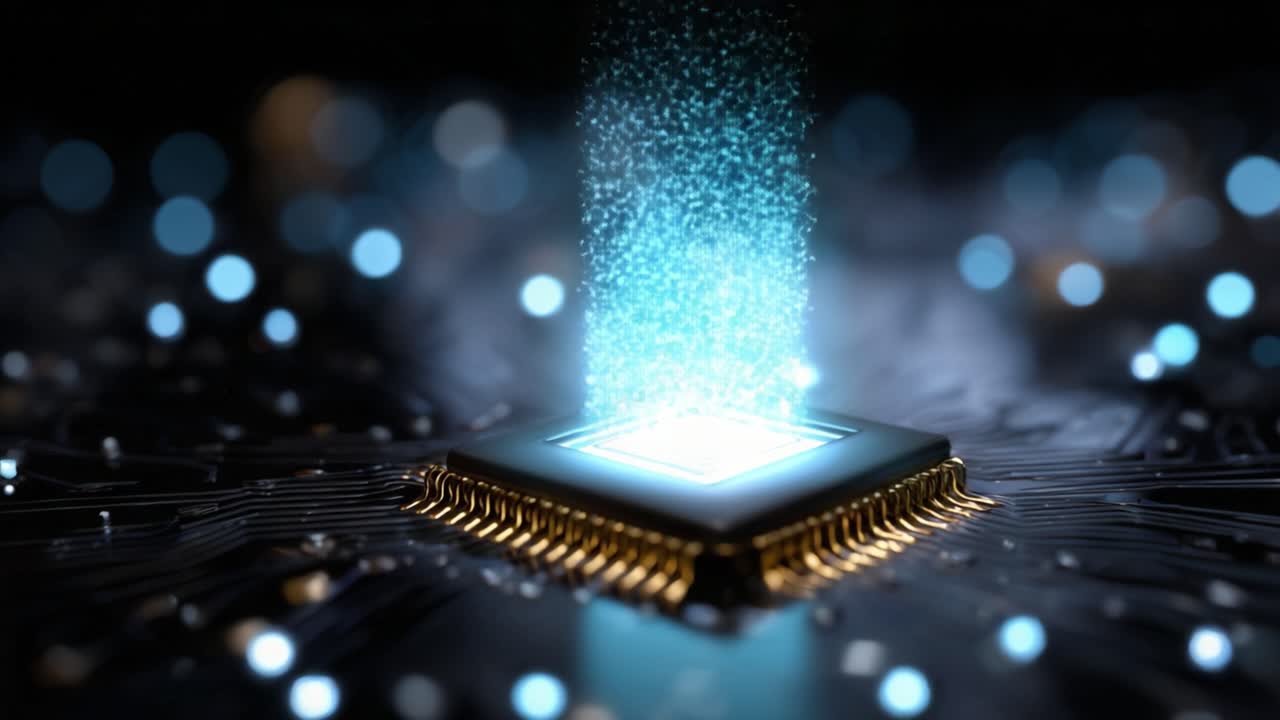 Microchip illuminato con particelle digitali che emanano dalla sua superficie, mostrando tecnologia futuristica e connettività su uno sfondo di circuiti luminosi.