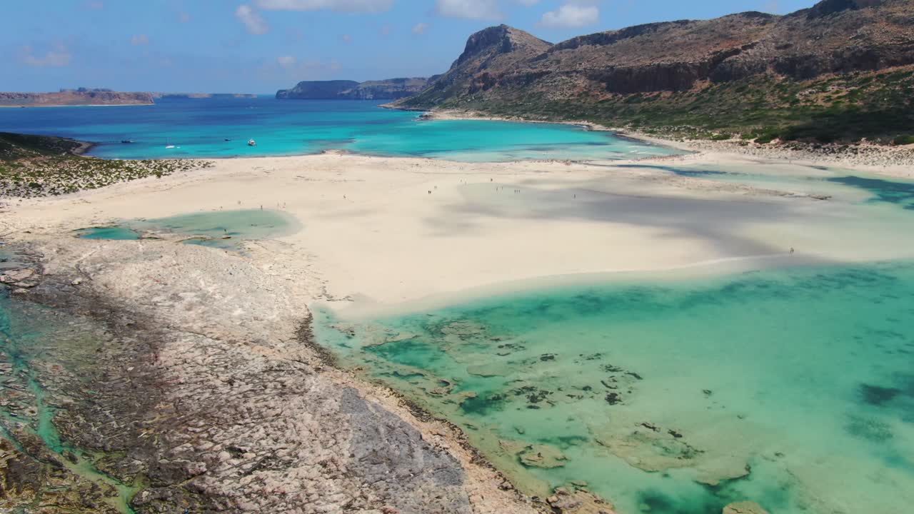 Balos Beach in Crete Greece with beautiful turquoise colored water lagoon during the summer, Aerial retreat reveal shot