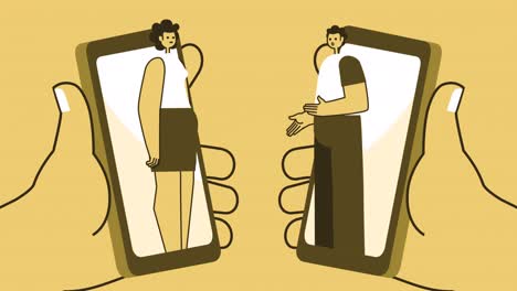 gele stijl man en vrouw platte karakters chat online verbinding. geïsoleerde lus animatie met alpha kanaal