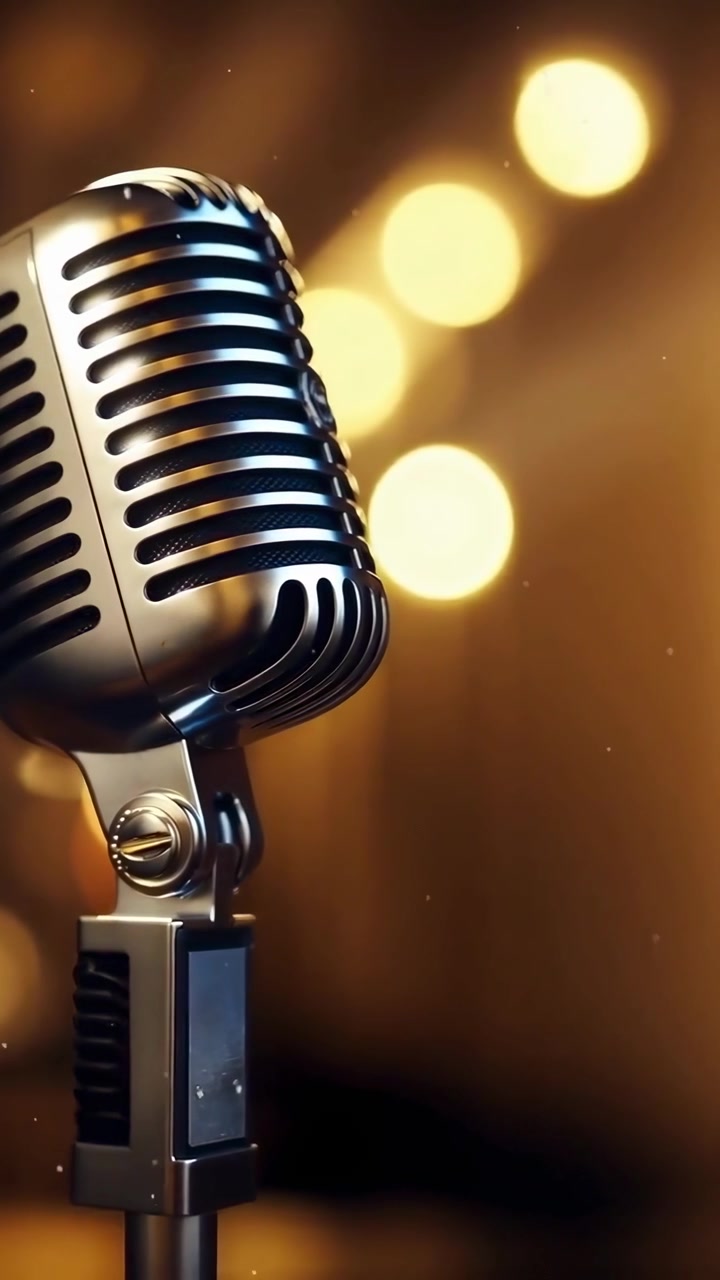 Microfono classico retrò sul palco con luci bokeh dorate