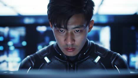focused intensity: a close-up of a futuristic character engaged in high-stakes technology, capturing moments of concentration amidst an advanced digital environment