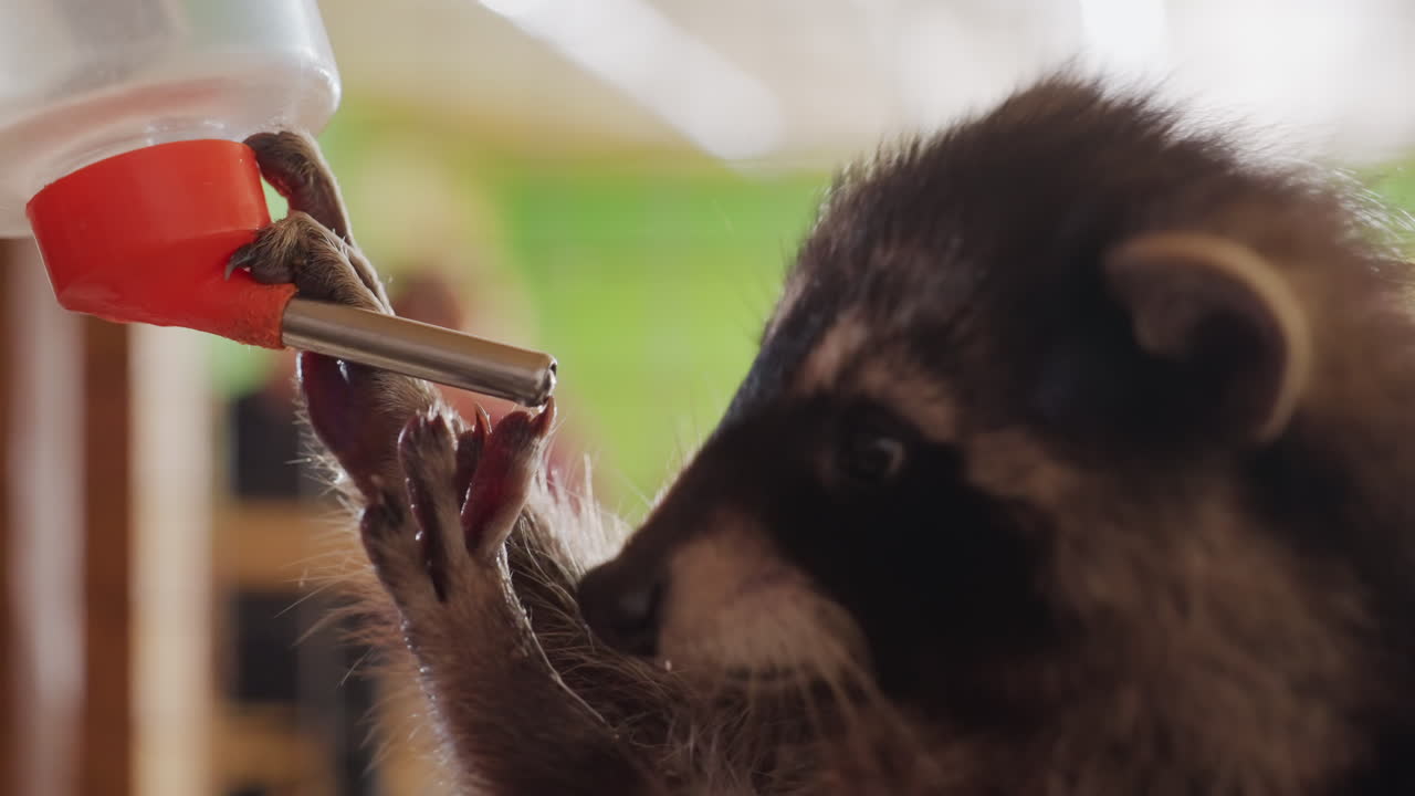 Guaxinim curioso bebendo em uma garrafa de ponta vermelha perto de uma jaula, interação lúdica com um visitante, mão no zoológico de animais, close-ups focados no focinho e nas patas, olhar atento e mordiscada gentil
