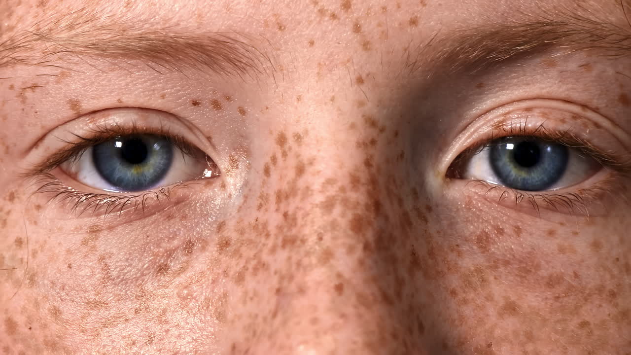 Red haired girl with lots of freckles on the face and blue eyes looking into the camera. Close up