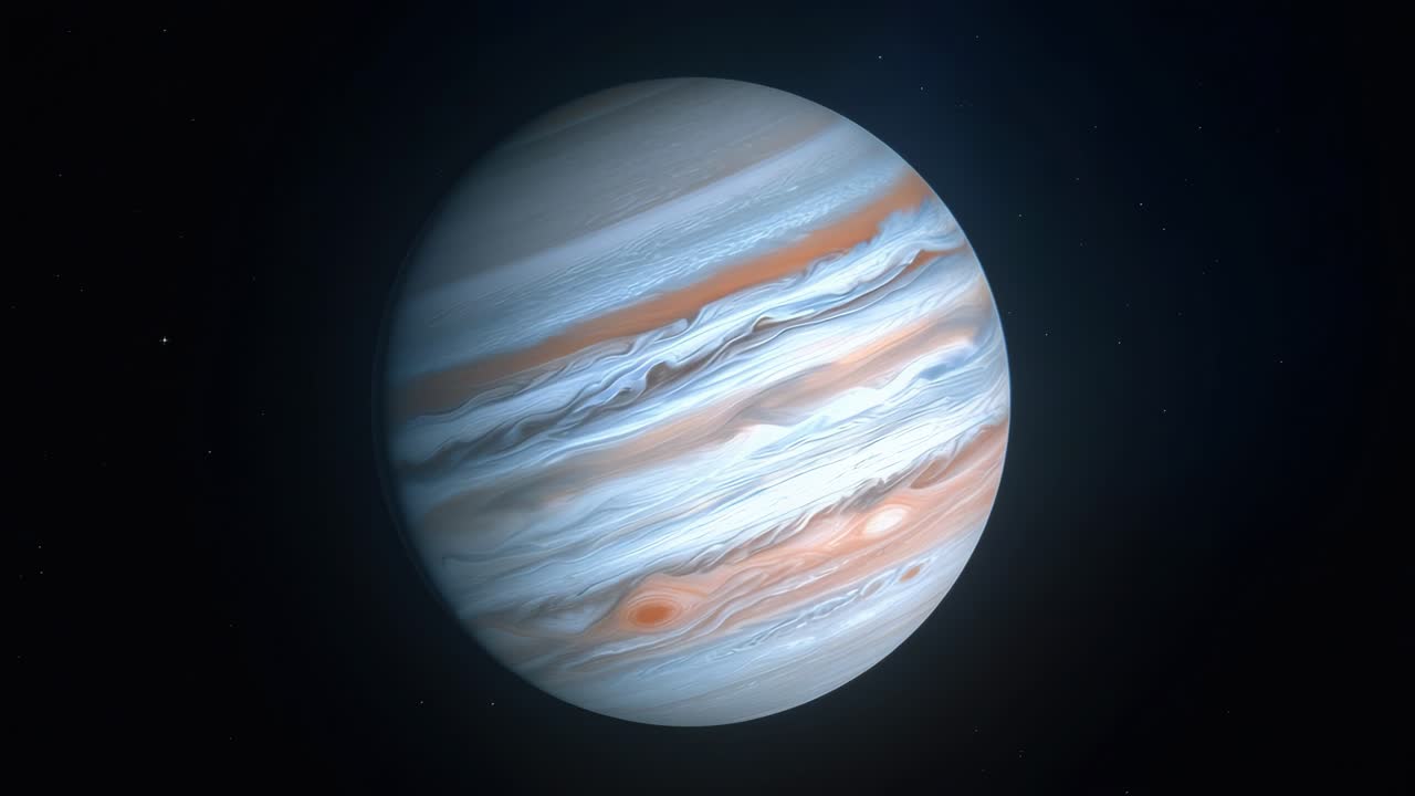 A stunning video still of Jupiter from a space view angle, showcasing its swirling clouds