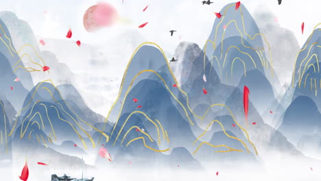 Mysterious-landscape-China's-traditional-Oriental-Digital-Art-animation,-Chinese-retro-painting-ink-misty-mountain-with-flowers,-tree,-birds,-river-in-fog-background