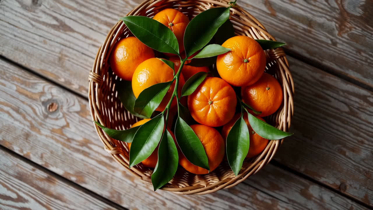 Fresh Tangerines in a Wicker Basket on a Wooden Table