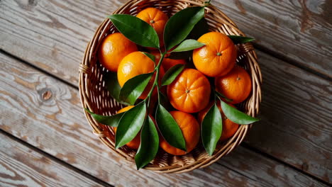 fresh tangerines in a wicker basket on a wooden table
