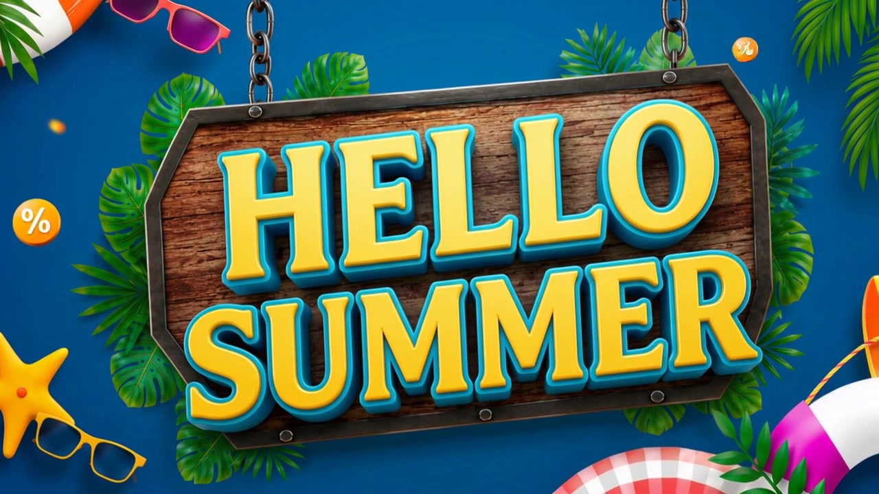 Hello summer wooden signboard animation with tropical foliage beach accessories and seasonal vacation theme