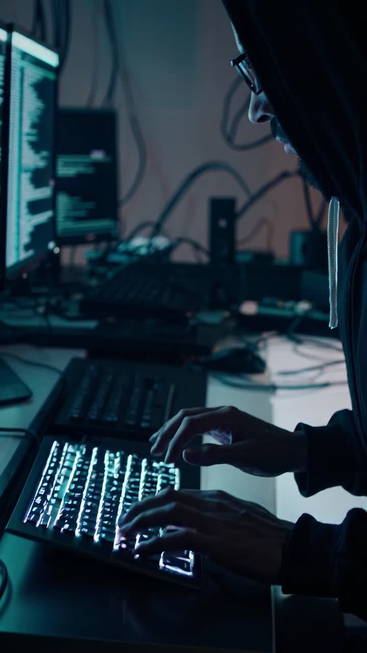 Low-angle shot of a dimly lit room with multiple monitors displaying code, evoking a cyberpunk video