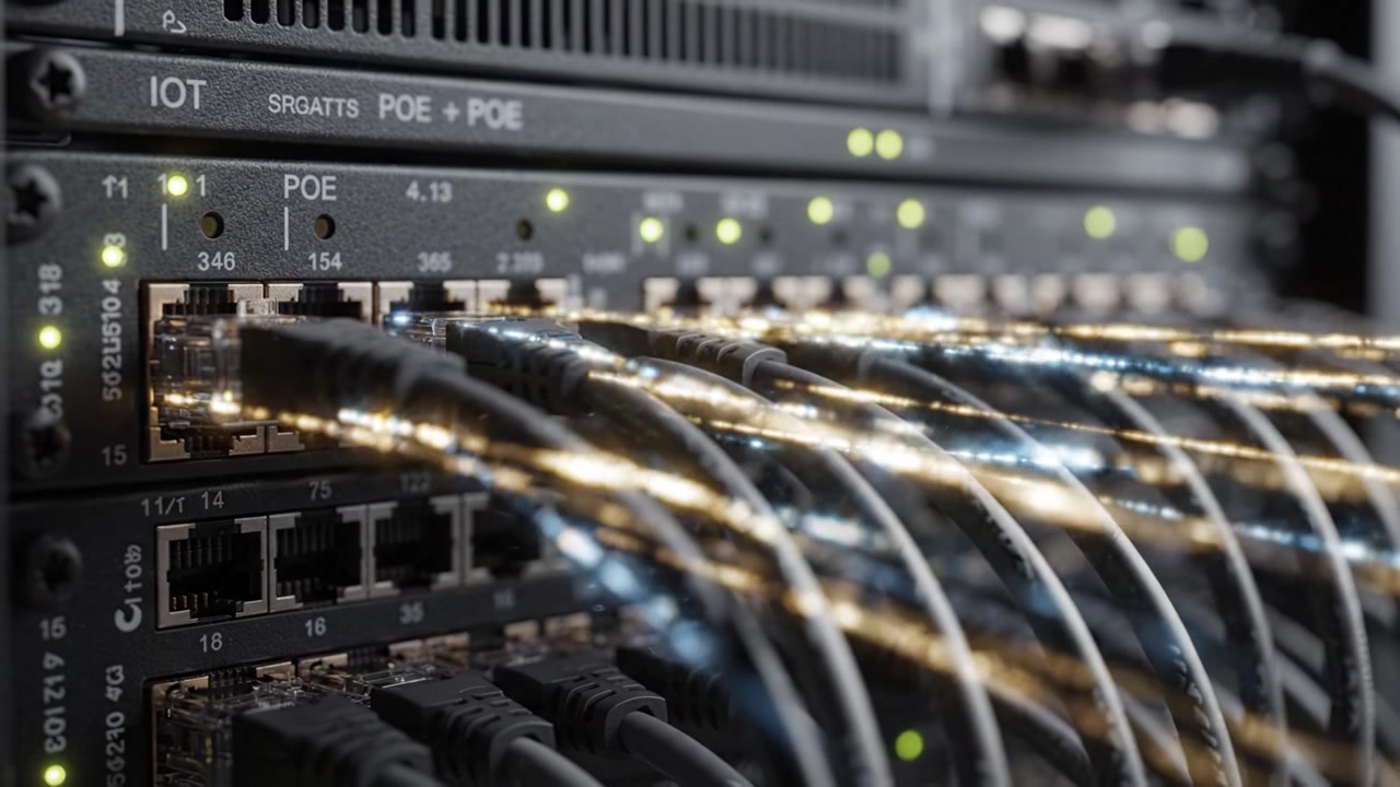 Close-up of Network Switch with Active Connections Showcasing Data Transmission Through Fiber Optic Cables and Ethernet Ports, Illuminated Indicators and Modern Technology