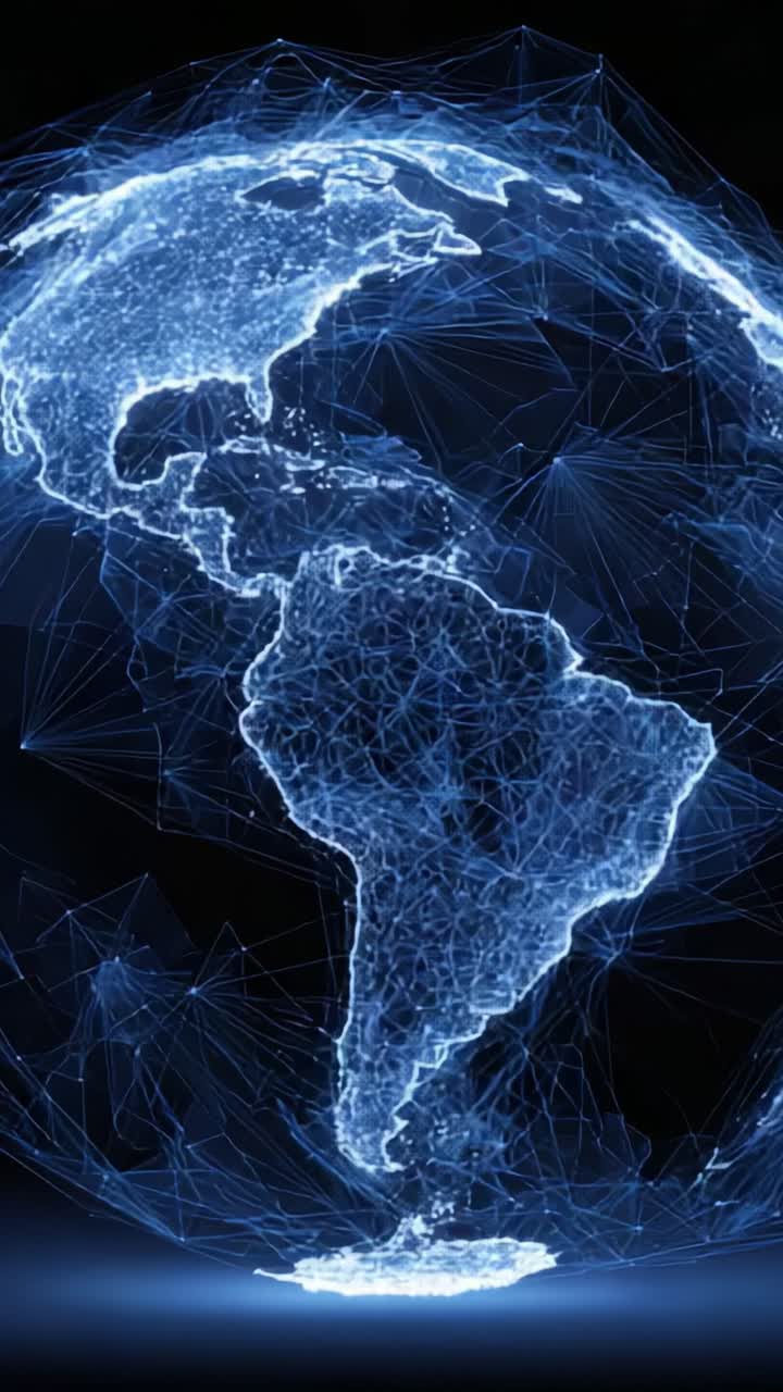 En fantastisk visuell representation av jorden i en digital nätverksstil, som visar en trådmodell med tydliga anslutningsmönster över båda Amerika