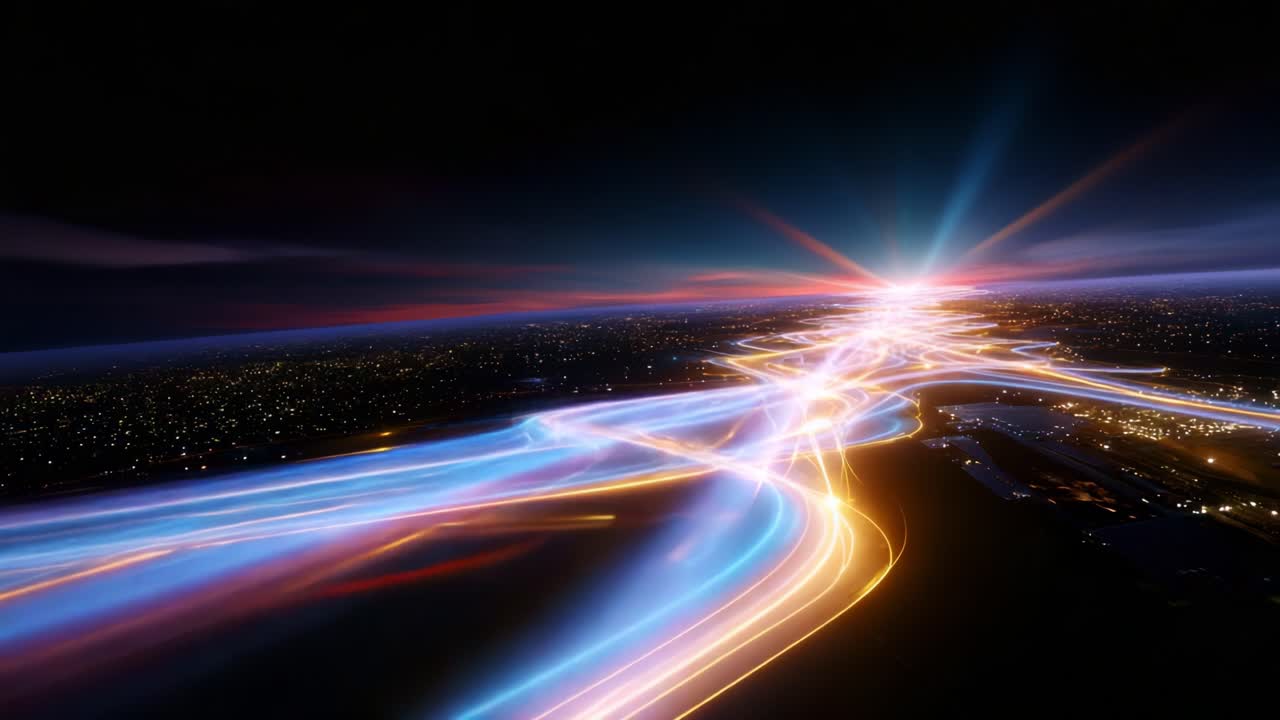 A Captivating Aerial View of Vibrant Light Trails Illuminating a Night Cityscape, Creating a Stunning Contrast Against the Dark Sky with Radiant Colors and Dynamic Movement Showcasing Urban Energy