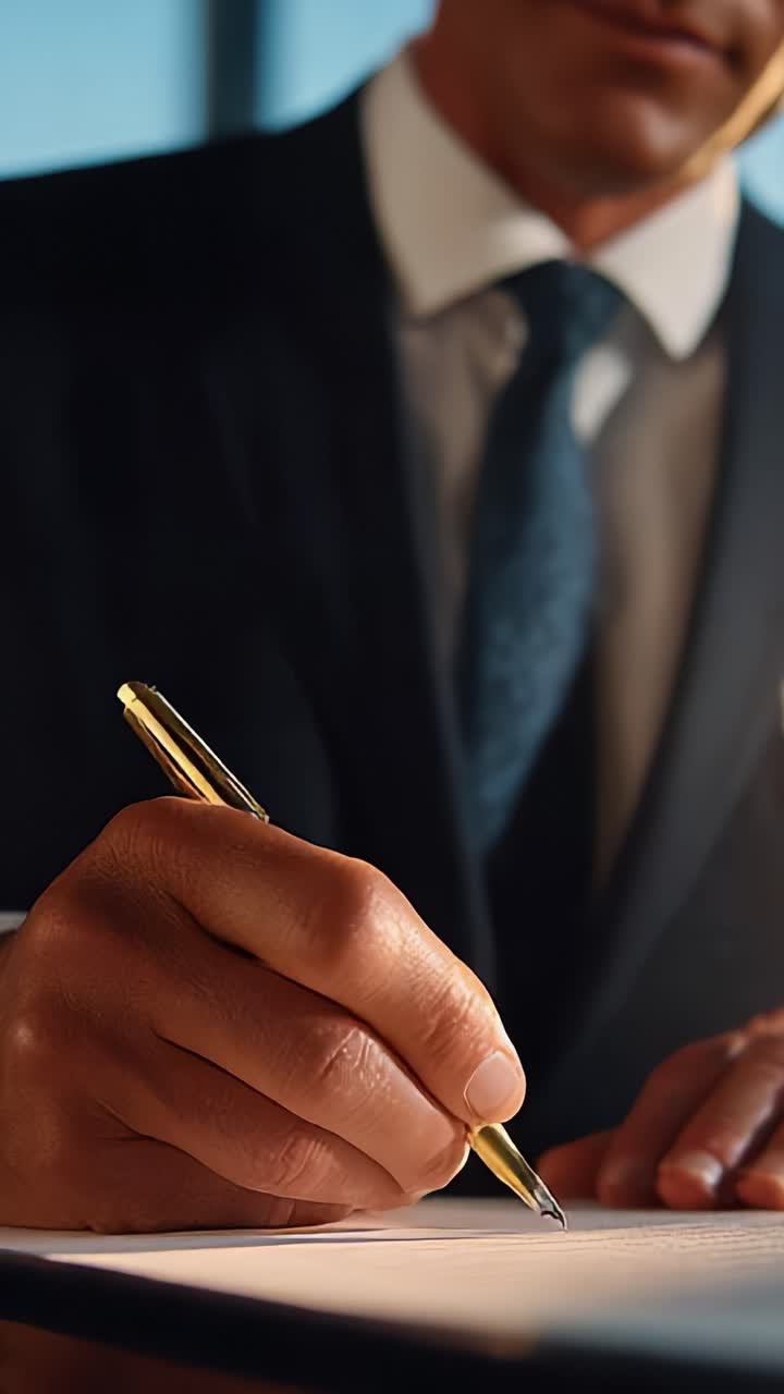 Un professionista in giacca e cravatta intento a firmare documenti importanti con una penna dorata in un ufficio ben illuminato, che enfatizza la formalità e la concentrazione negli affari