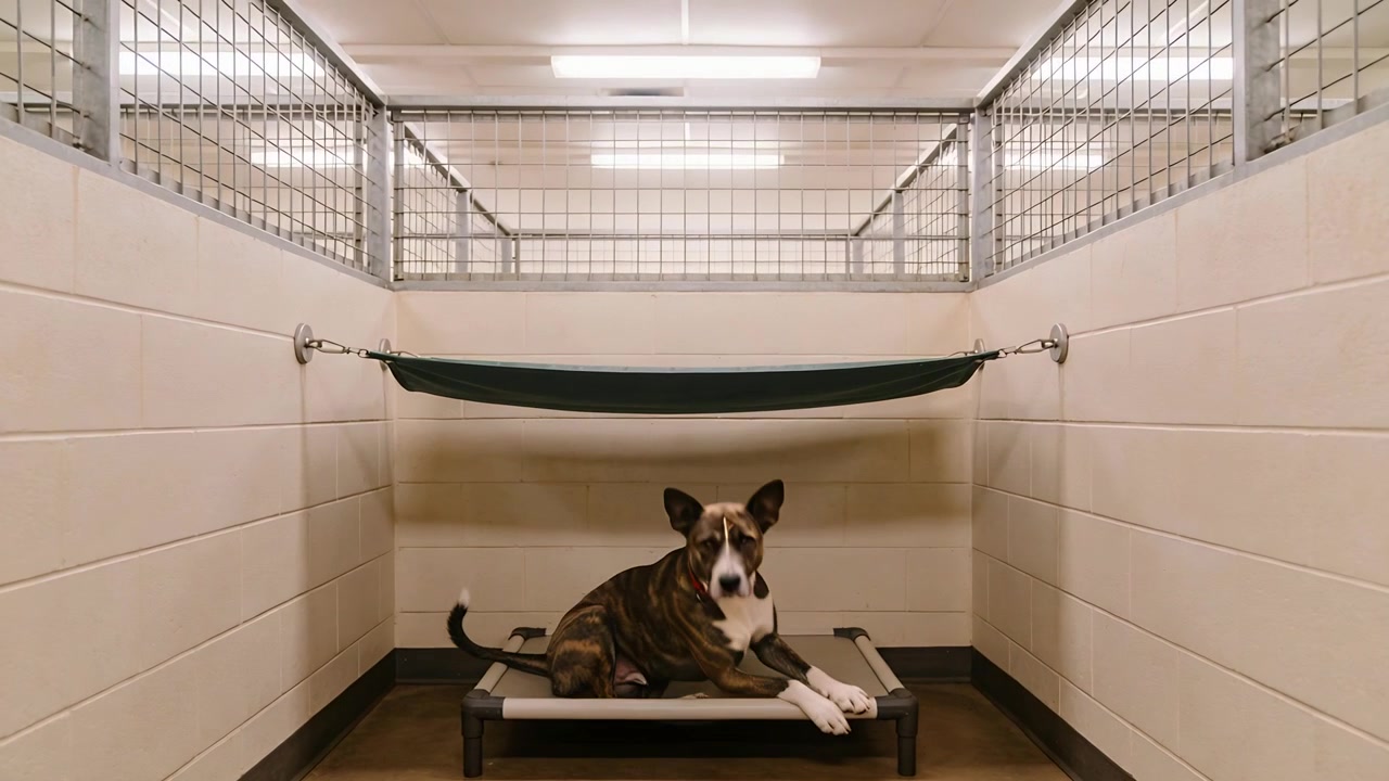 Medelstor hund uppmärksammar ljud, lyfter huvudet, flyttar sig, kliver av bädden i kennel med hängmatta, med halsband.