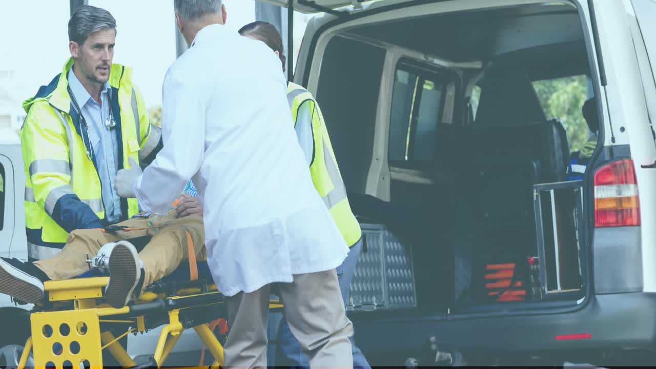 환자와 구급차와 함께 다양한 구급대원들의 애니메이션