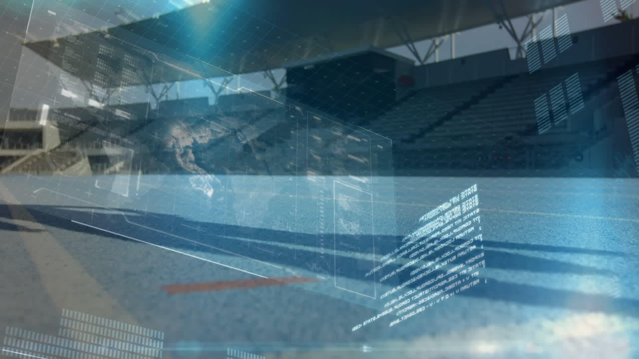 네트워크 연결과 프로테시 다리를 가진 운동 선수가 배경으로 달리고 있습니다.