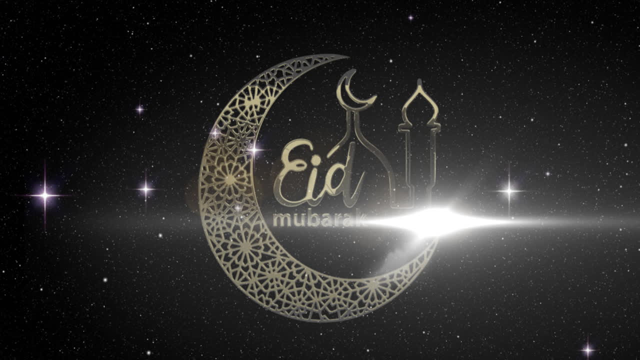 animación del texto de eid mubarak con luna creciente y mezquita con estrellas de fondo