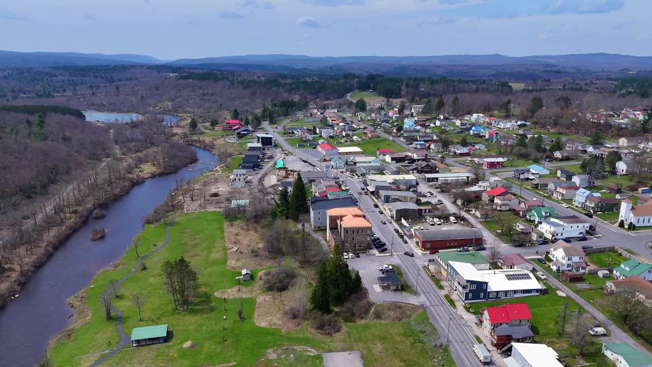 Wide Aerial View of Davis, West Virginia With Blackwater River and Town Buildings