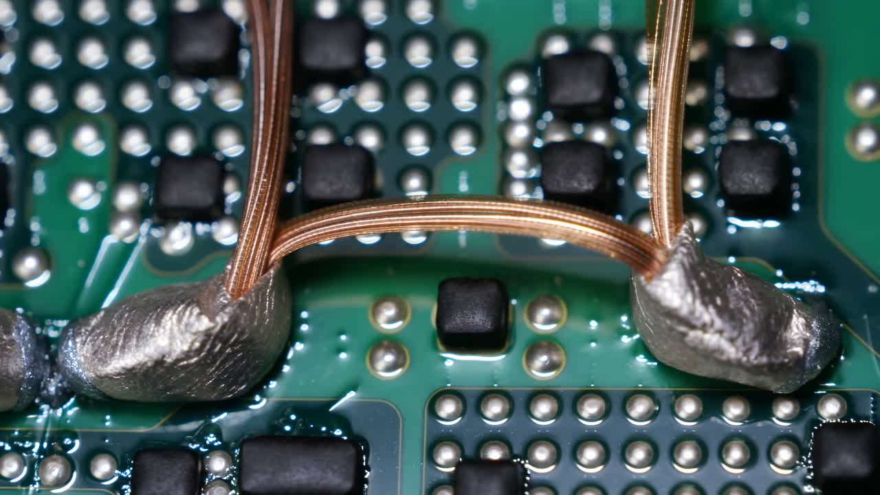 Macro Shot Soldered Copper Jumper On Pcb Showing Precise Solder Joints, Thin Bridging Wires, Dense Grid